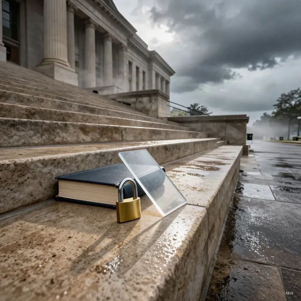 Nasse Gerichtsstufen mit Buch, Vorhängeschloss und milchiger Privatsphäre-Scherbe im Sonnenlicht.