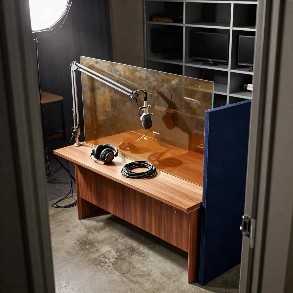 Leere Nachrichten-Ecke mit Mikrofonarm, Kopfhörern und Glas-Schallwand