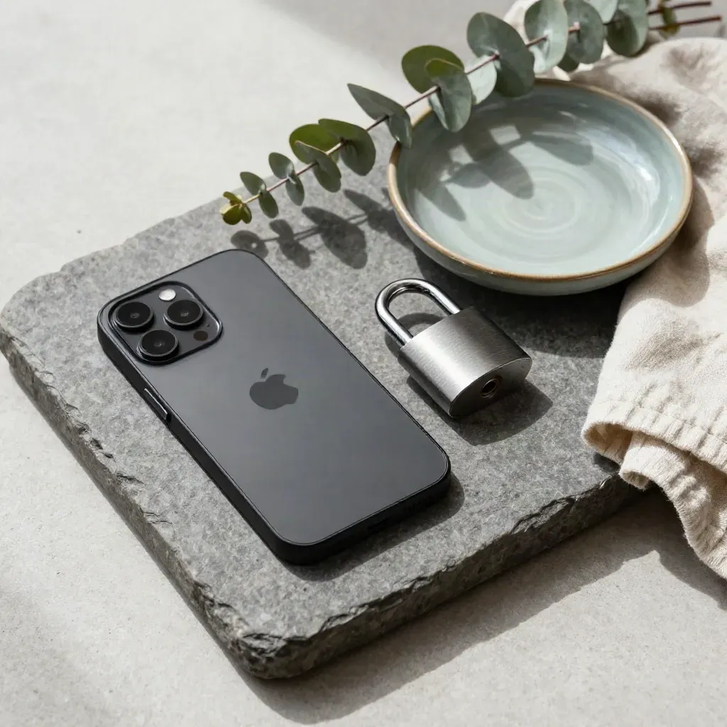 Schwarzes Smartphone, kleines Vorhängeschloss, Zweig und Schale auf Steinschale